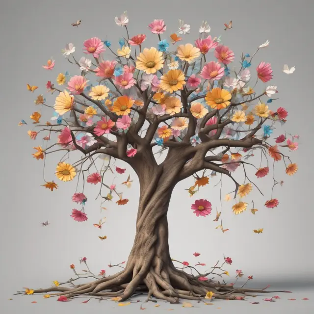 A wilted tree with diverse bankruptcy filings blooming, representing Chapter 7, 11, and 13, along with other types for financial rejuvenation.