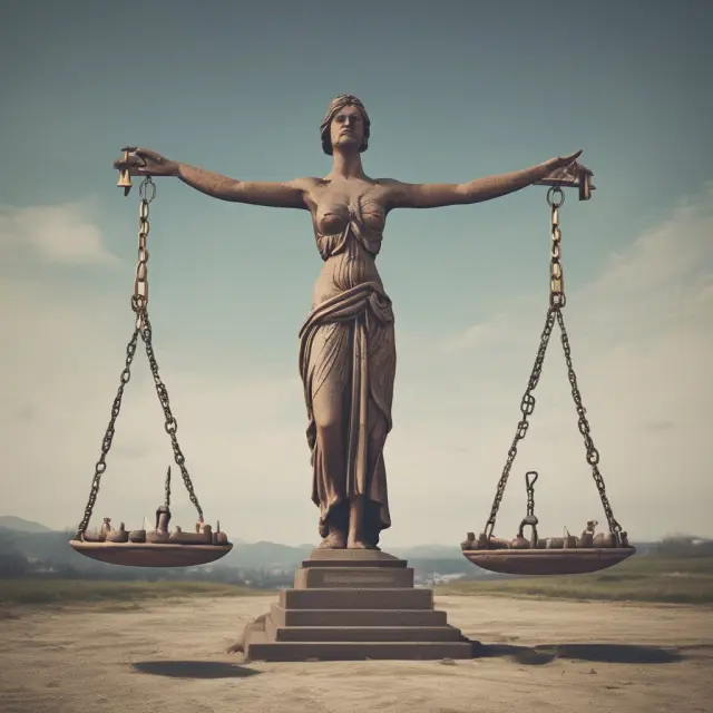 A debtor stands before a judge and weighing scales, surrounded by creditors, considering bankruptcy.