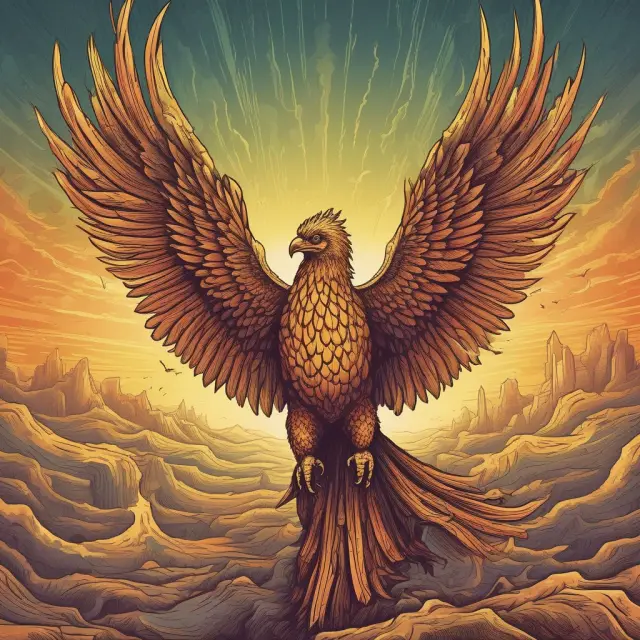 A majestic phoenix rises from ashes, symbolizing the financial relief and renewal offered through bankruptcy