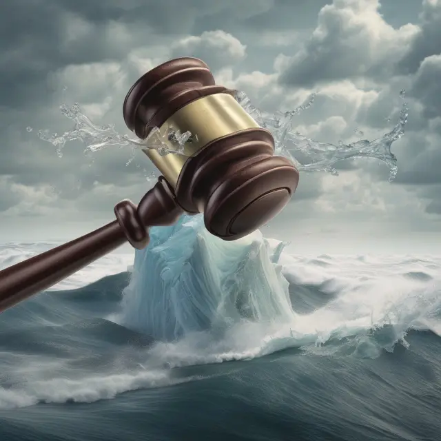 Bankrupt company gavel disrupting securities lending chain, investors as bondholders seeking protection on an iceberg representing debtor in possession financing.