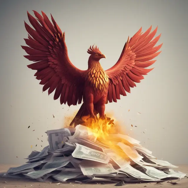 Phoenix emerging from a stack of papers representing financial records and debts, conveying the hopeful outcome of bankruptcy proceedings.
