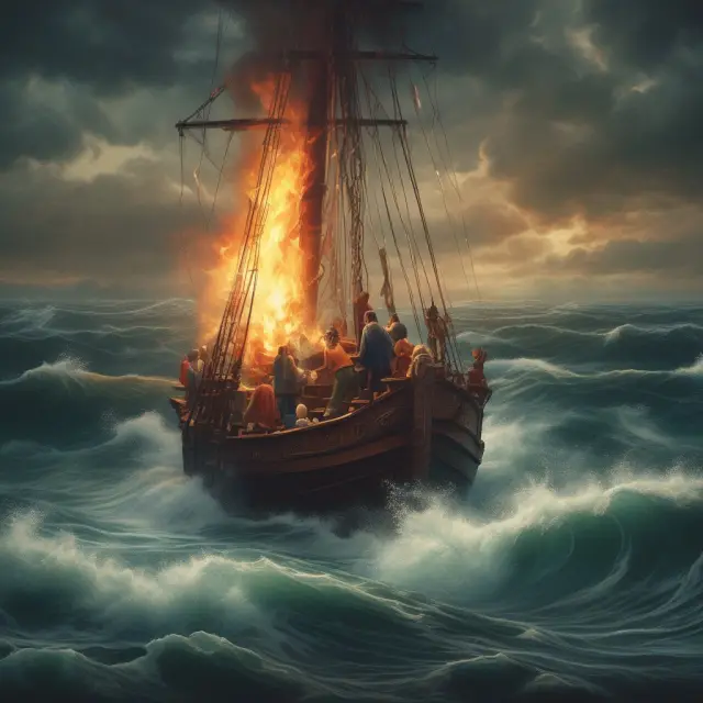Image of a new employee paddling through turbulent waters while colleagues offer guidance, representing the benefits and challenges of baptisms by fire in training.