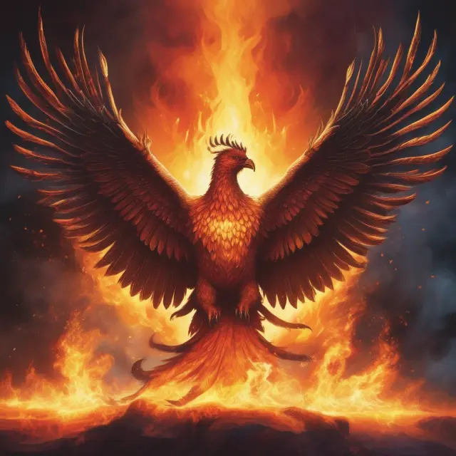 A phoenix rising from flames symbolizes trials and personal growth through baptisms by fire.