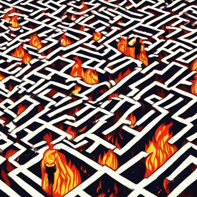 A person wading through a fiery labyrinth, illustrating the journey of personal growth through adversity