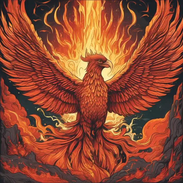 Phoenix emerging from flames, representing the triumph of learning and growing through challenging situations
