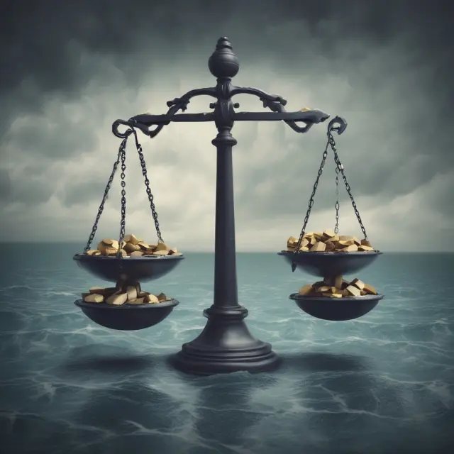 An unstable barbell with cracks at its base, balancing between a turbulent sea of stocks and a calm pool of bonds, illustrating the potential risks in the Barbell Strategy