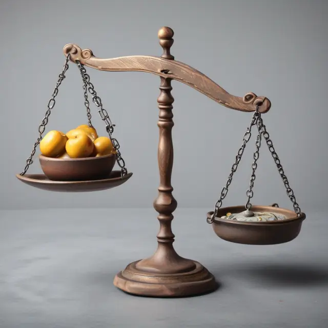A pair of balanced scales with short-term bonds represented by gold coins and long-term bonds depicted as heavy stones. This metaphorical image reflects managing risks through the barbell strategy.