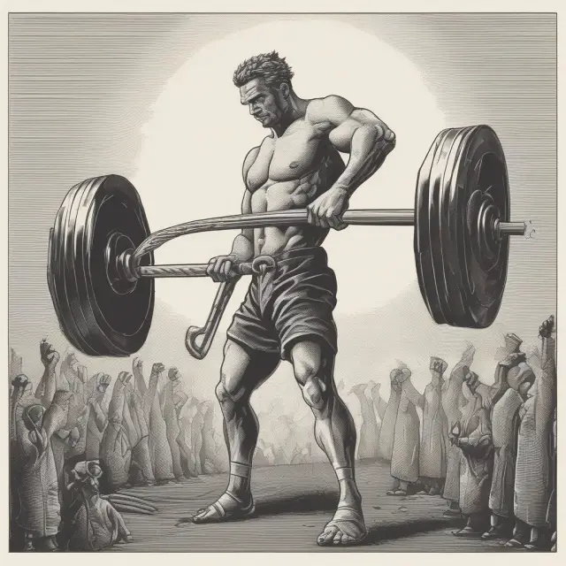 A person balancing on a tightrope, representing the barbell strategy, with weights symbolizing investments in both short-term bonds (left) and long-term stocks (right).