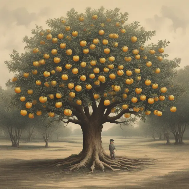 A tree laden with golden apples symbolizes the tax benefits of setting up a bare trust for low-earning beneficiaries. The tree shelters those below it from potential inheritance tax liabilities.