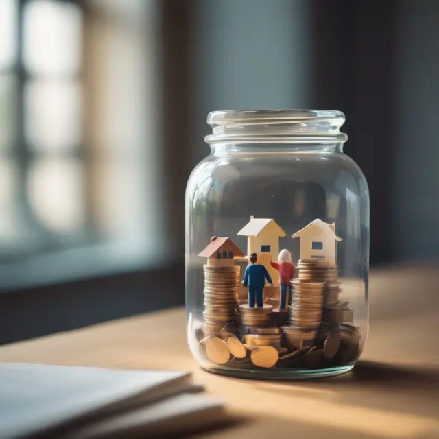 A trustee, depicted as a caring figure, holding and safeguarding assets inside a clear jar for a beneficiary to access