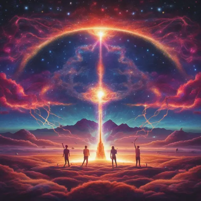 Imagery of swirling planets representing crude oil and stars symbolizing natural gas, intertwining in the cosmos to form BOEs