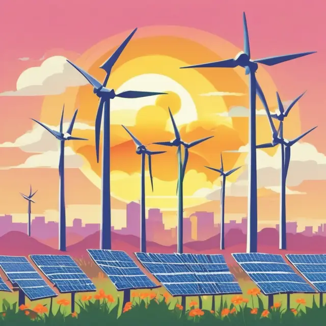 Image: Oil sun surrounded by wind turbines and solar panels representing renewable energy BOEs comparison