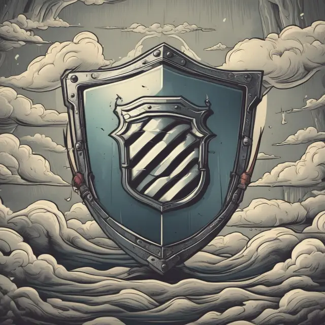 An ornate shield emblazoned with an options symbol defiantly weathering a stormy scene, representing the risk management benefits of barrier options