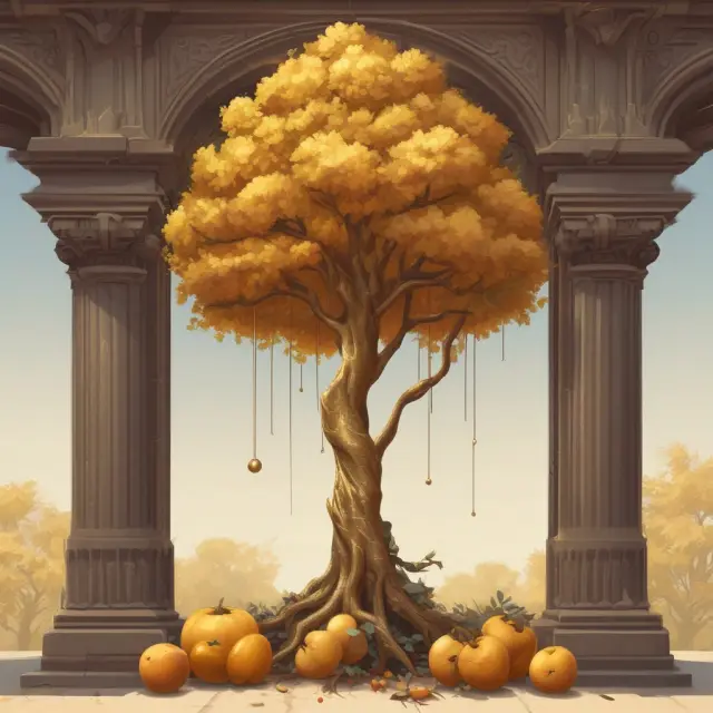 A golden tree blooming with rebate, Turbo warrant, and Parisian option fruits, representing diverse barrier options.