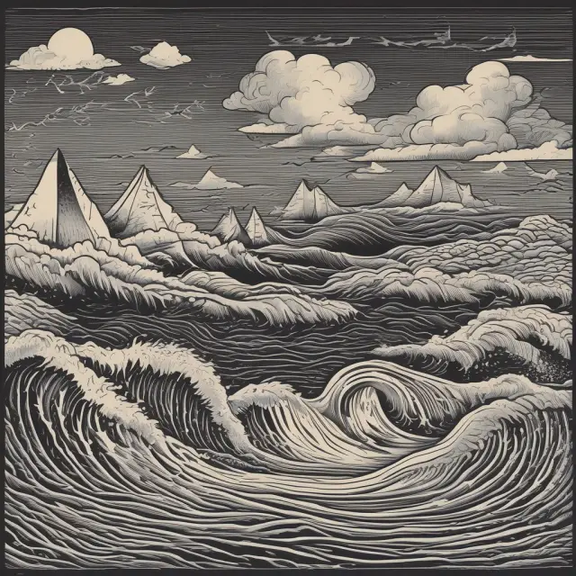 Triangle wave representation of barrier options, with turbulent currents symbolizing volatility risk, ripples for interest rate risk, and a looming credit crossroads