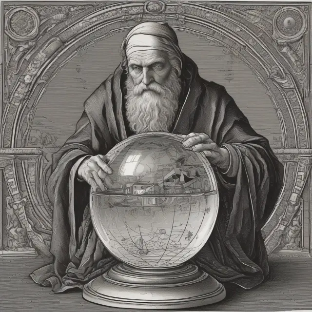 An ancient financier consults a crystal ball containing various barrier option symbols, illustrating the complexity of these financial instruments
