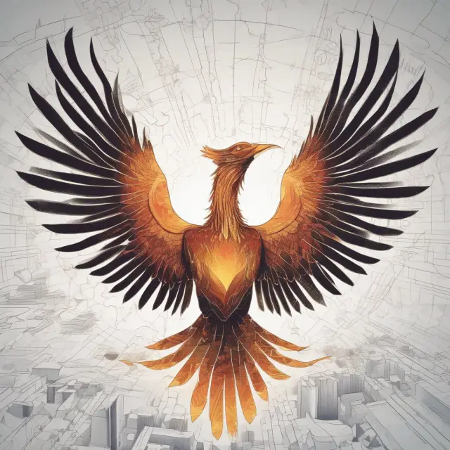 A mythical phoenix ascending over intellectual property protections and economic scales, representing a newcomer