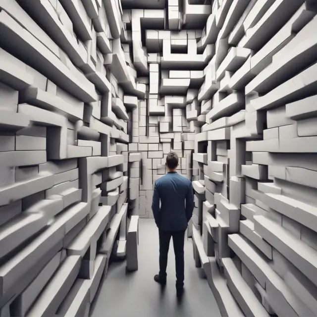 An entrepreneur bravely maneuvering through a complex labyrinth filled with industry challenges, symbolizing the process of overcoming various barriers to entry