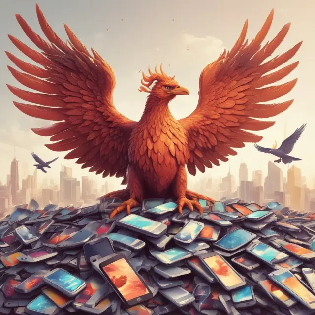 Phoenix rising among stacked smartphones, representing new firms conquering industry barriers.