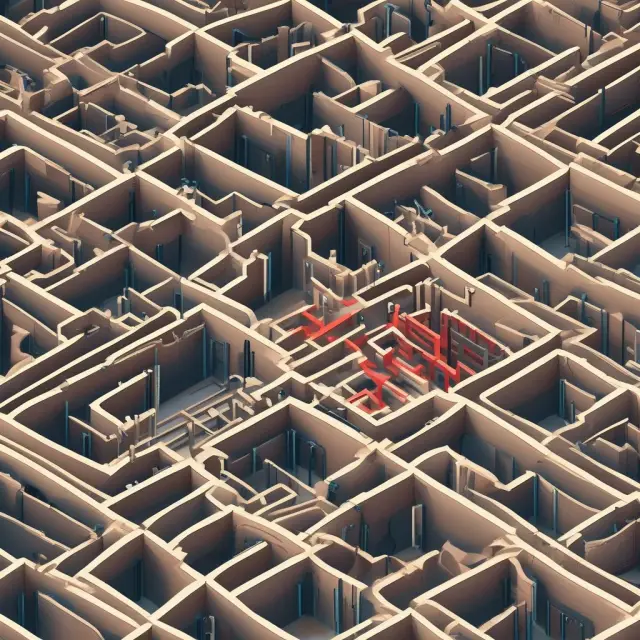 An intricate maze filled with financial regulations, locks, and hurdles, representing the challenges newcomers face in entering industries