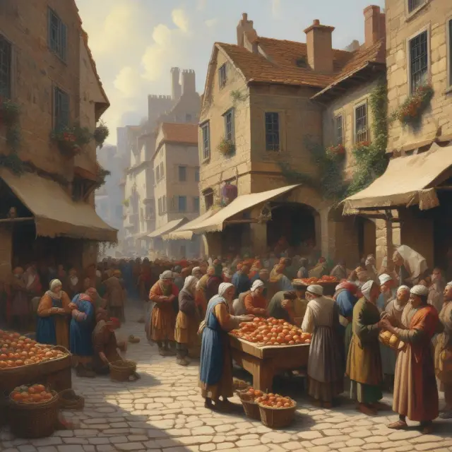 A bustling ancient marketplace scene showing people engaging in barter transactions, enhancing accessibility to essential goods