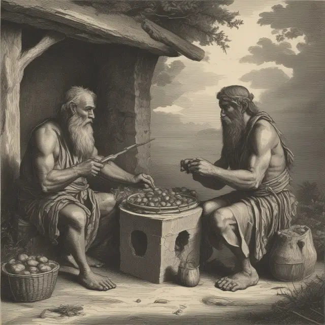 A depiction of two early humans engaging in a barter trade with valuable resources