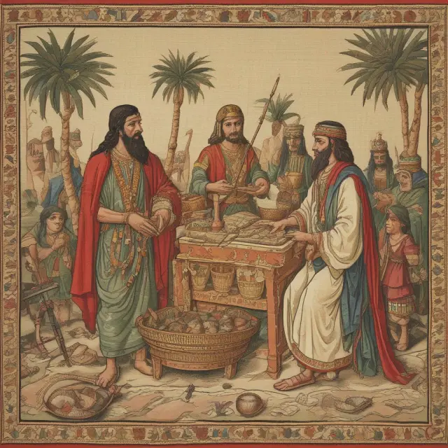 Ancient Phoenicians engaging in barter transactions with various countries, symbolizing the historical significance of this trading practice