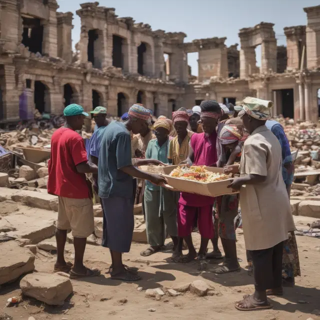 People exchanging goods within a barter community during an economic downturn. Symbolizing resilience and creative problem-solving.