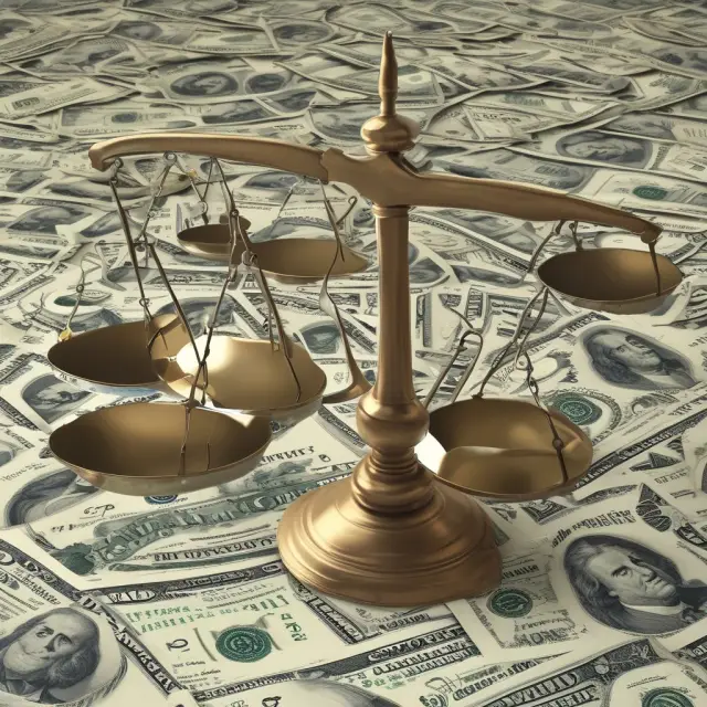 An IRS scale balanced between stacks of cash and a pile of various goods, symbolizing the assessment of fair market value for tax purposes.