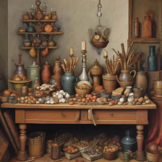 Table overflowing with an assortment of goods and services, illustrating successful barter transactions in a vibrant community setting