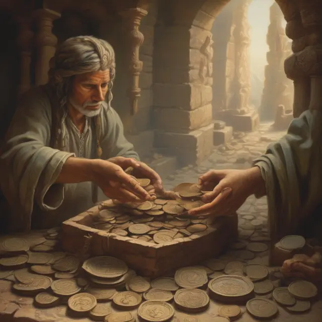 An ancient marketplace scene featuring vendors and shoppers interacting with morphing currencies, representing the shift from traditional trading to bartering.