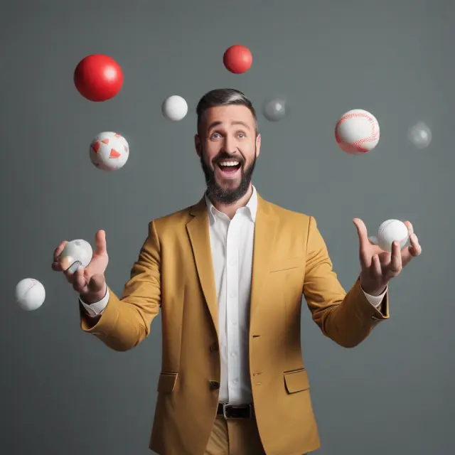 A juggler skillfully tosses and catches two baseballs labeled 