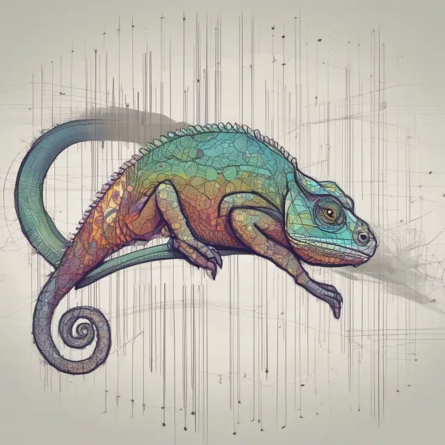 A chameleon morphing between two graphs, symbolizing how the choice of base can change perceptions in time-series data.
