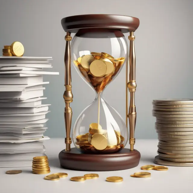 Base pay in hourglass with coins; insurance policies, bonus check, and clock symbolizing benefits and bonuses