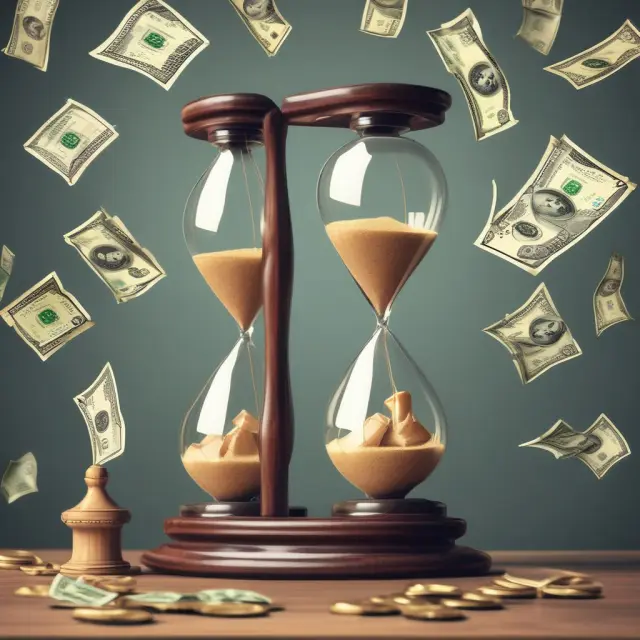 Two hourglasses pouring currency into their respective jars representing hourly and salaried employees