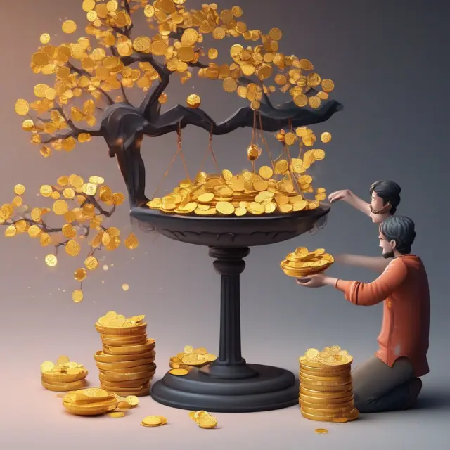 Person holding gold coins, gems, blooming tree, and glowing orbs symbolizing base salary, bonuses, benefits, and overtime.
