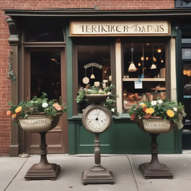 Vintage scale comparing same-store sales between years with a new blooming store nearby, emphasizing the importance of base years for business growth insights.