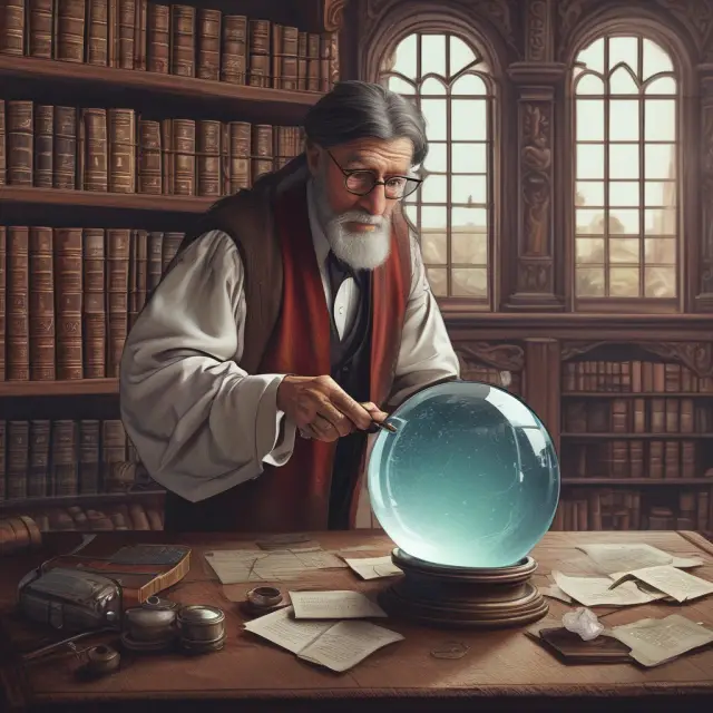 Time Traveler analyzing historical financial reports with a crystal ball acting as a base year