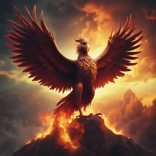 A mythical phoenix symbolizing Basel III, rising from a pile of financial crisis wreckage while showcasing enhanced capital and liquidity requirements.