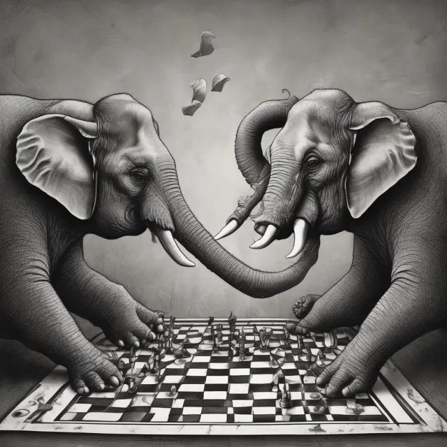 Bankers engaging in a game of checkers, symbolizing the limitations of Basel I regulations. Market risks, represented as hidden elephants, threaten the financial system.
