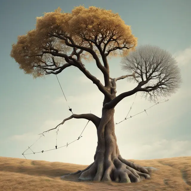 A tree growing with two branches representing Basel I and Basel III, merging into a single trunk symbolizing the evolution from Basel I to Basel III