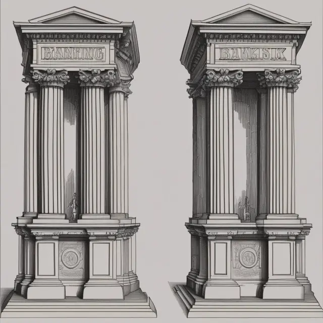 Image of two pillars representing Basel II and III, illustrating the evolution of banking regulations.