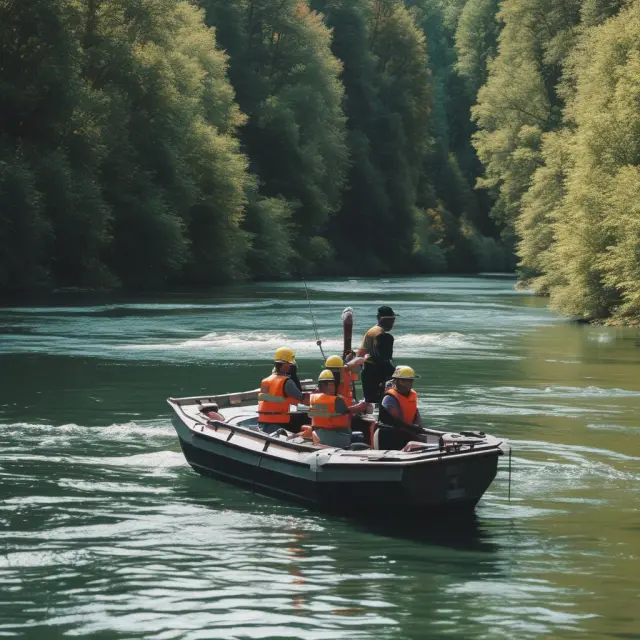 Project managers sailing through a digital river with various software applications as their boats, maintaining baselines using compasses