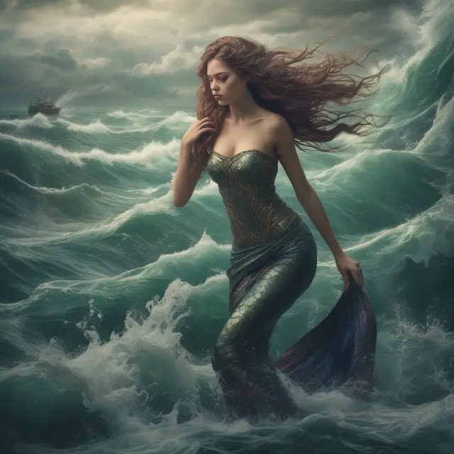 Mermaid sailing through stormy seas while holding on to a floating baseline marker