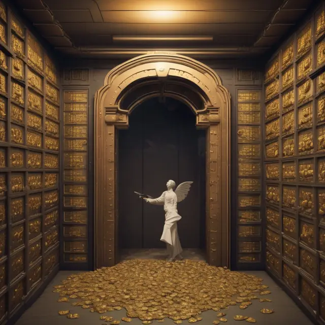 Golden vault with protective angel, representing banks