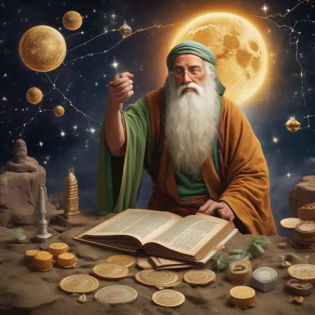 A wise sage in deep thought, meticulously weighing the value of golden shares based on net income and common shares outstanding