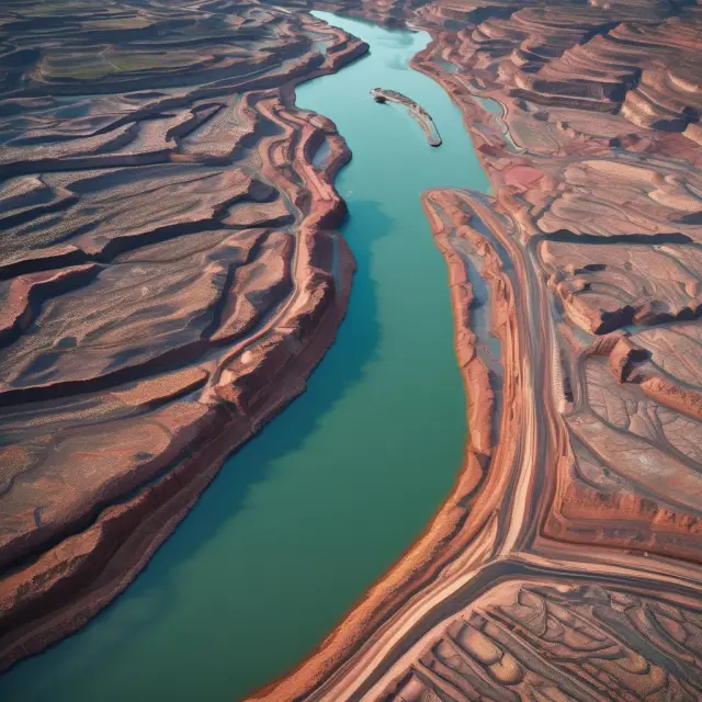 A river carrying raw materials becoming refined gems in factories, representing the transformation of basic materials.