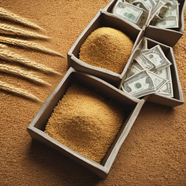 Wheat grains in a bin below represent cash prices, while futures contracts floating above depict price differences (basis)