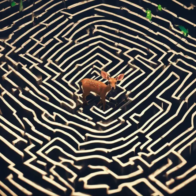 A curious fawn navigates a labyrinthine maze, relying on the beacon-like guidance of golden basis point markers to find its way through financial percentages.