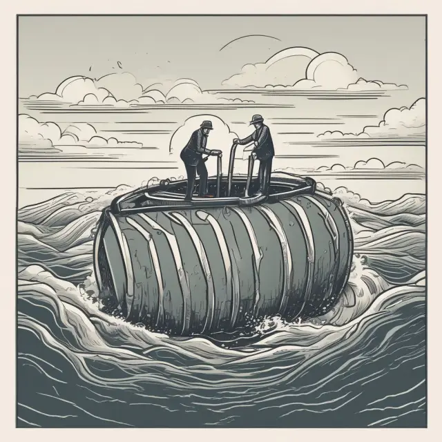 Two investors navigating basis risk: One clings to a barrel representing a hedged asset, while the other rows a boat of offsetting derivatives to minimize impact